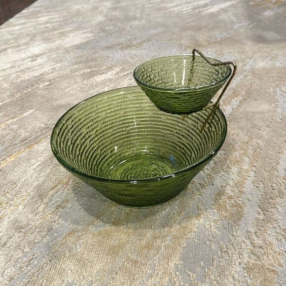 VTG Anchor Hocking Soreno Avocado Green Textured 3 Piece Chip & Dip Set MCM - Picture 1 of 6